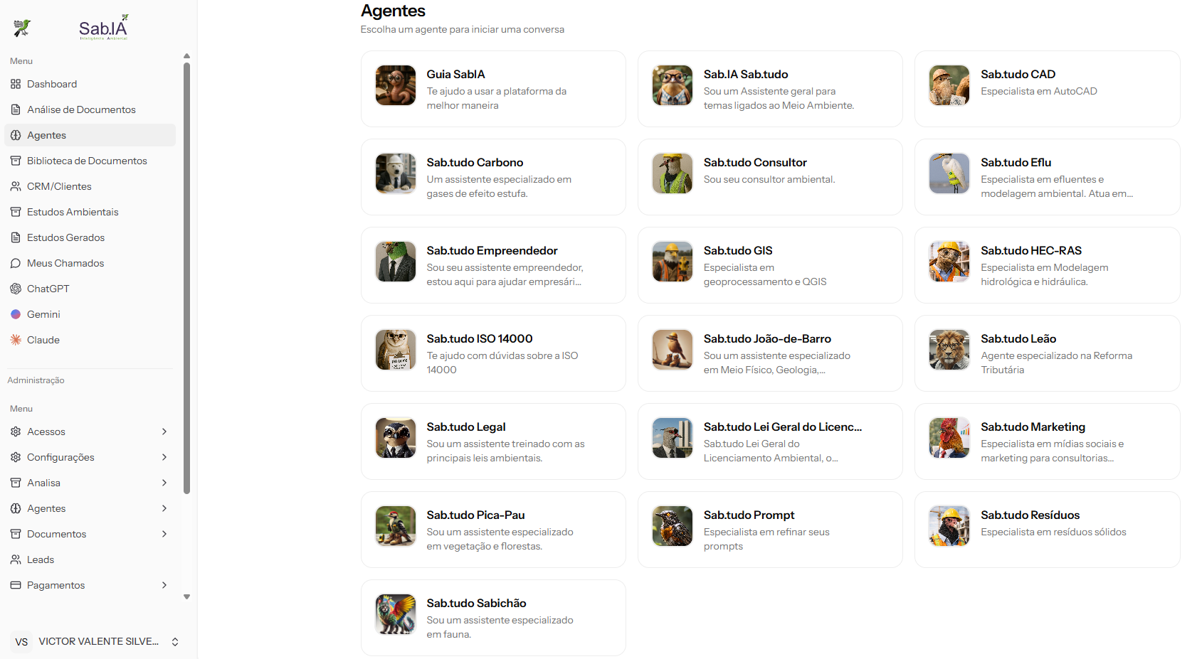 Tela do SabIA com agentes especializados em consultoria, legislação, fauna, flora, QGIS, HEC-RAS, resíduos, carbono, AutoCAD e outras áreas