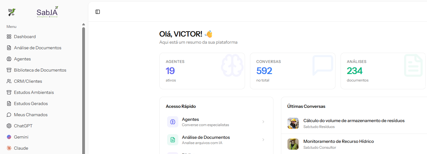 Dashboard do SabIA com agentes, conversas e análises