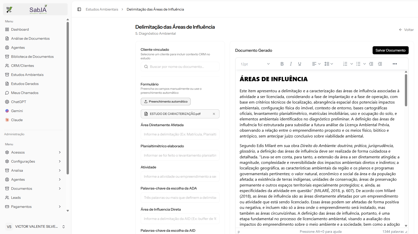 Tela do módulo de estudos ambientais do SabIA